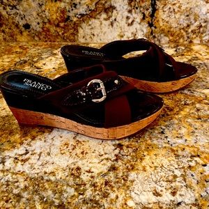 Franco Sarto, Brown stretch fabric and leather wedge sandals